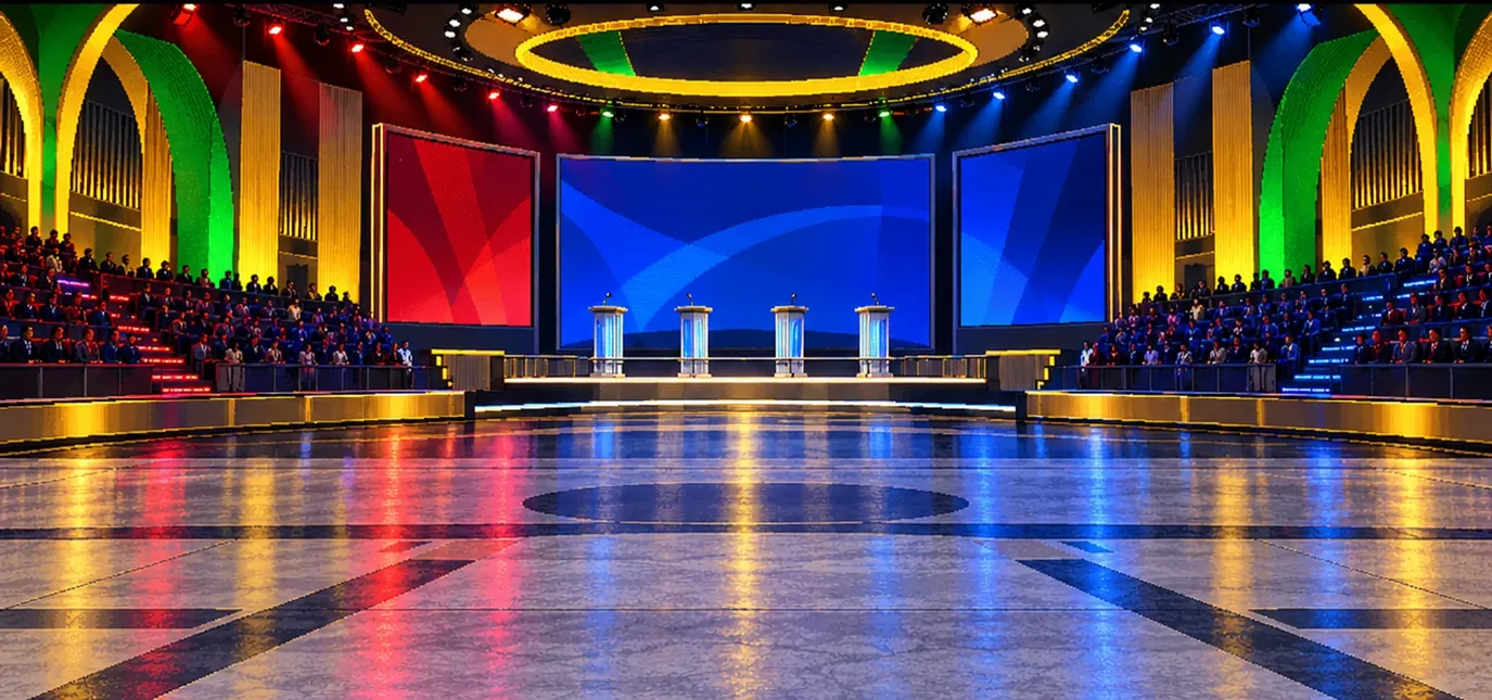 Cenário ilustrado de debate do Urna Fighter